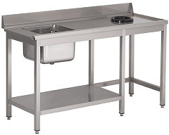  Gastro M Table d'entrée lave-vaisselle inox avec bac à gauche TVO dosseret et tablette inférieure 850x1400x700mm 