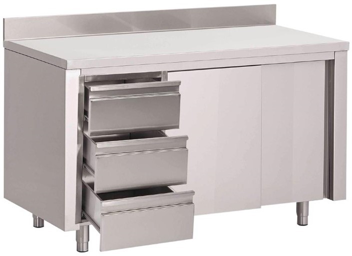  Gastro M Table armoire inox avec dosseret 3 tiroirs &agrave; gauche et portes coulissantes 850x1400x700mm 
