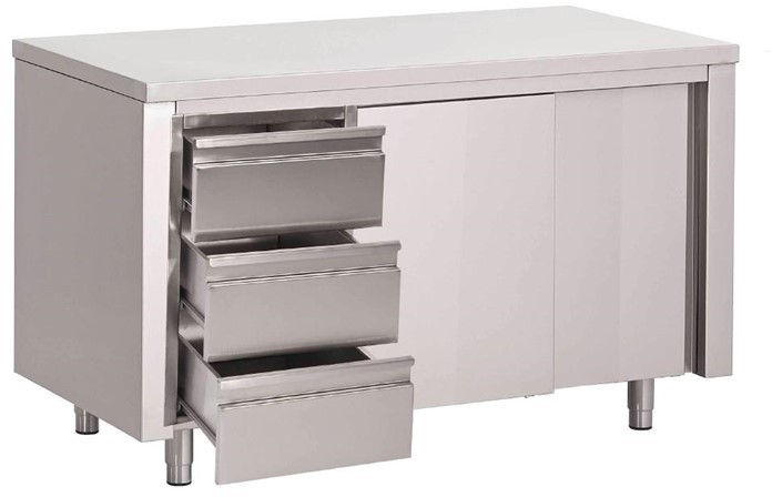  Gastro M Table armoire inox avec portes coulissantes et 3 tiroirs &agrave; gauche 1600 x 700 x 850mm 