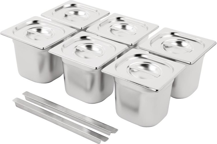  Vogue Ensemble inox 6 GN 1/6 avec couvercles (2 entretoises 325 x 25mm) 