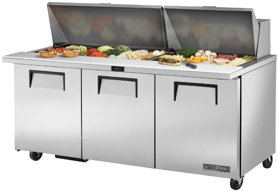  True Comptoir de pr&eacute;paration 3 portes 30 bacs GN 1/6 TSSU-72-30M-B-ST-HC 