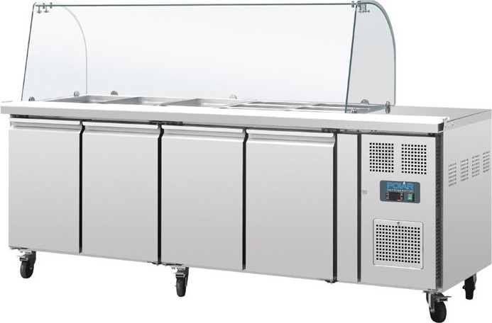  Polar Comptoir de préparation réfrigéré GN avec pare-haleine Série U 4 portes 