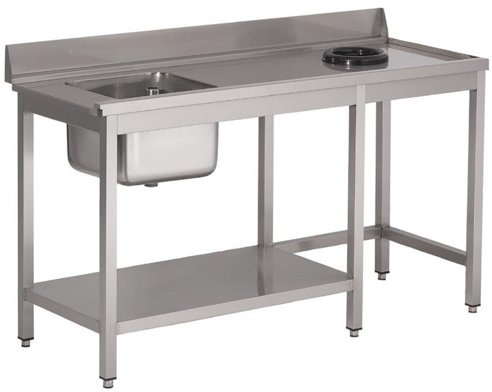  Gastro M Table d'entr&eacute;e lave-vaisselle inox avec bac &agrave; gauche TVO dosseret et tablette inf&eacute;rieure 850x1400x700mm 