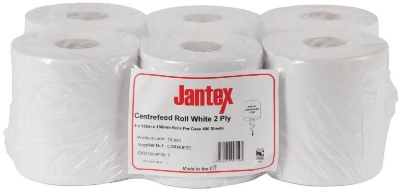  Jantex Essuie-mains 2 plis &agrave; d&eacute;vidage central contact alimentaire blanc 