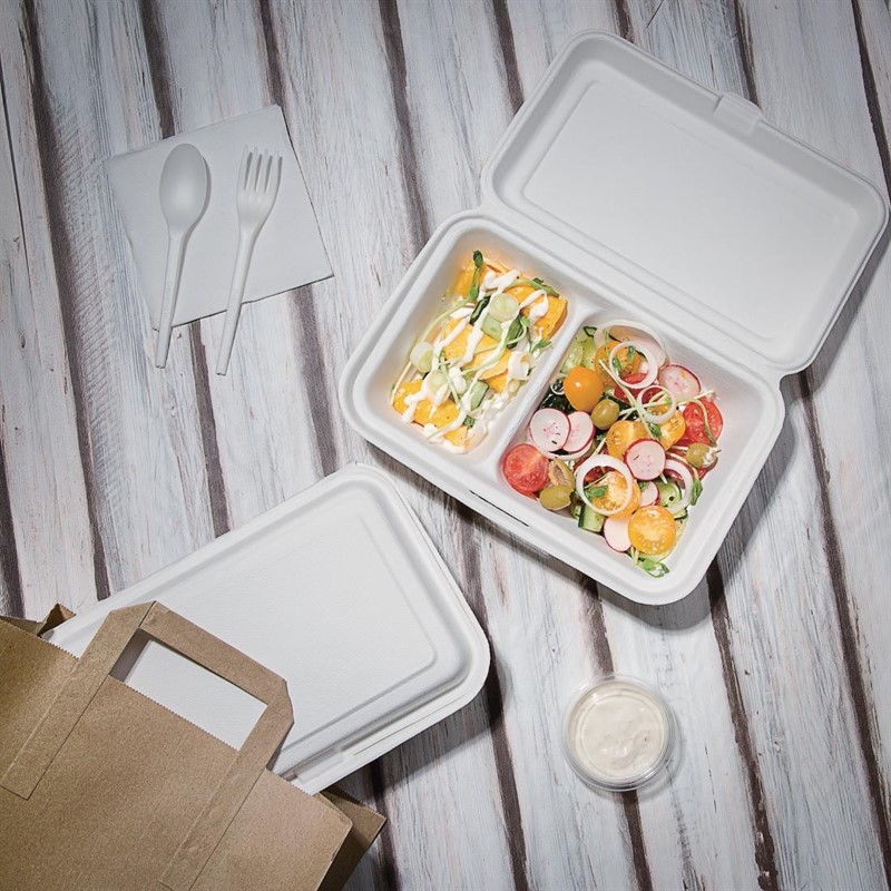  Fiesta Bo&icirc;tes 2 compartiments avec couvercle &agrave; charni&egrave;re compostables en bagasse Green 253mm (lot de 200) 