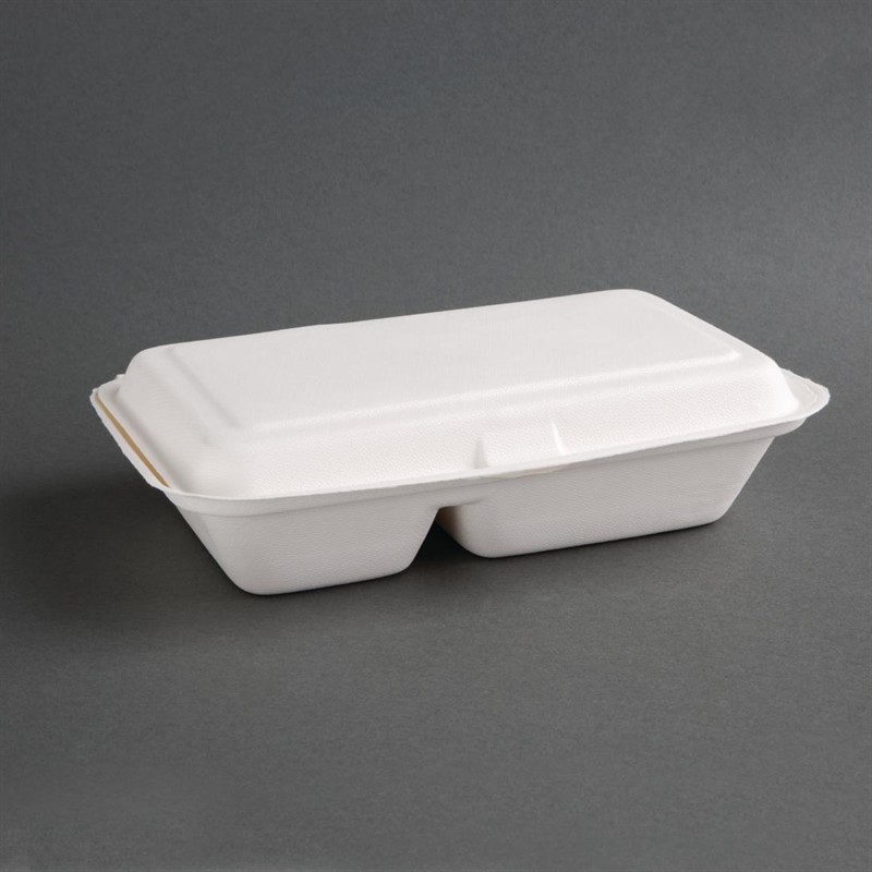  Fiesta Bo&icirc;tes 2 compartiments avec couvercle &agrave; charni&egrave;re compostables en bagasse Green 253mm (lot de 200) 