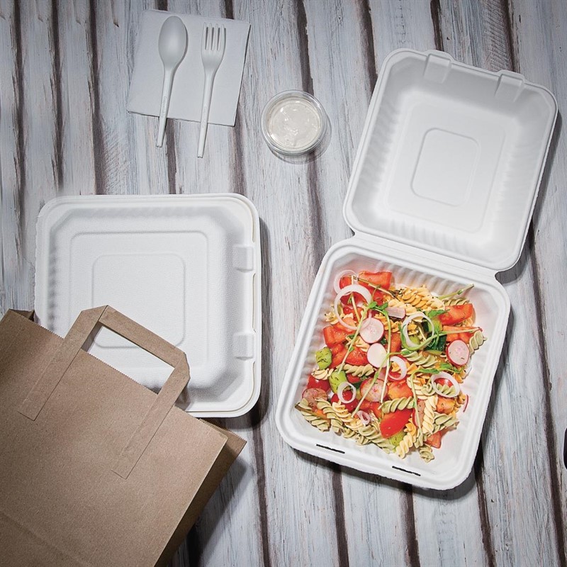  Fiesta Bo&icirc;tes avec couvercle &agrave; charni&egrave;re compostables en bagasse Green 223mm (lot de 200) 