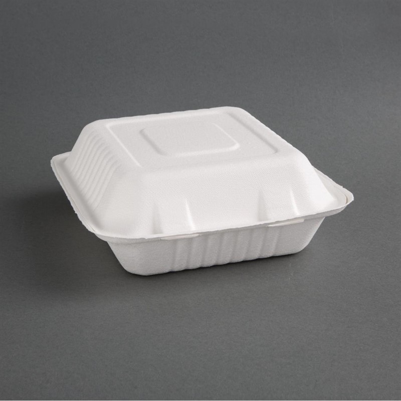  Fiesta Bo&icirc;tes 3 compartiments avec couvercle &agrave; charni&egrave;re compostables en bagasse Green 201mm (lot de 200) 