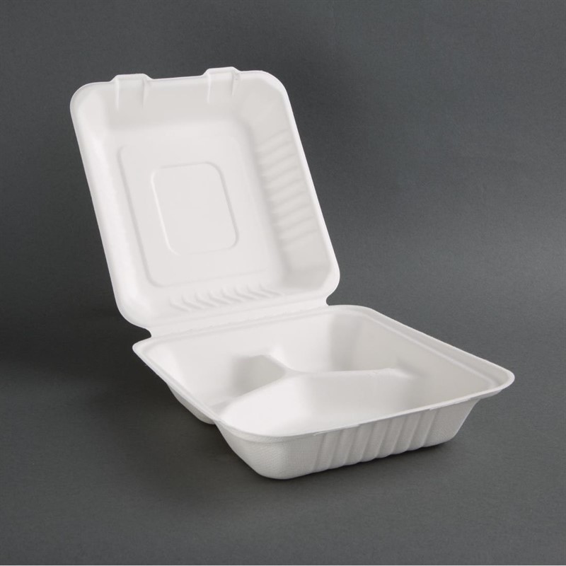  Fiesta Bo&icirc;tes 3 compartiments avec couvercle &agrave; charni&egrave;re compostables en bagasse Green 201mm (lot de 200) 