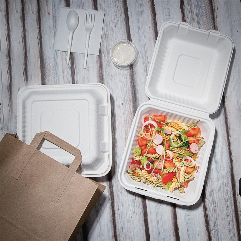  Fiesta Bo&icirc;tes avec couvercle &agrave; charni&egrave;re compostables en bagasse Green 236mm (lot de 200) 