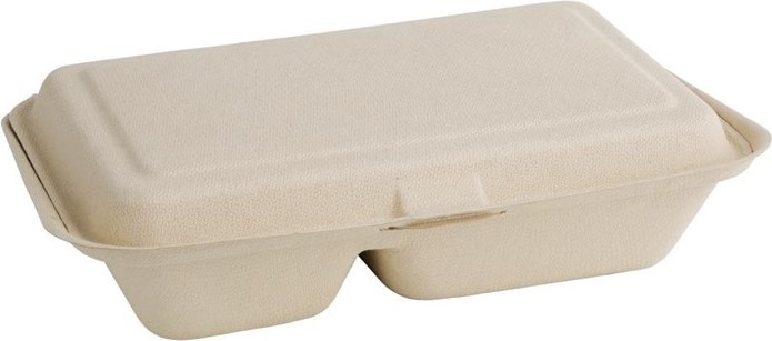  Fiesta Bo&icirc;tes 2 compartiments avec couvercle &agrave; charni&egrave;re compostables en bagasse coloris naturel Green 253mm (lot de 200) 
