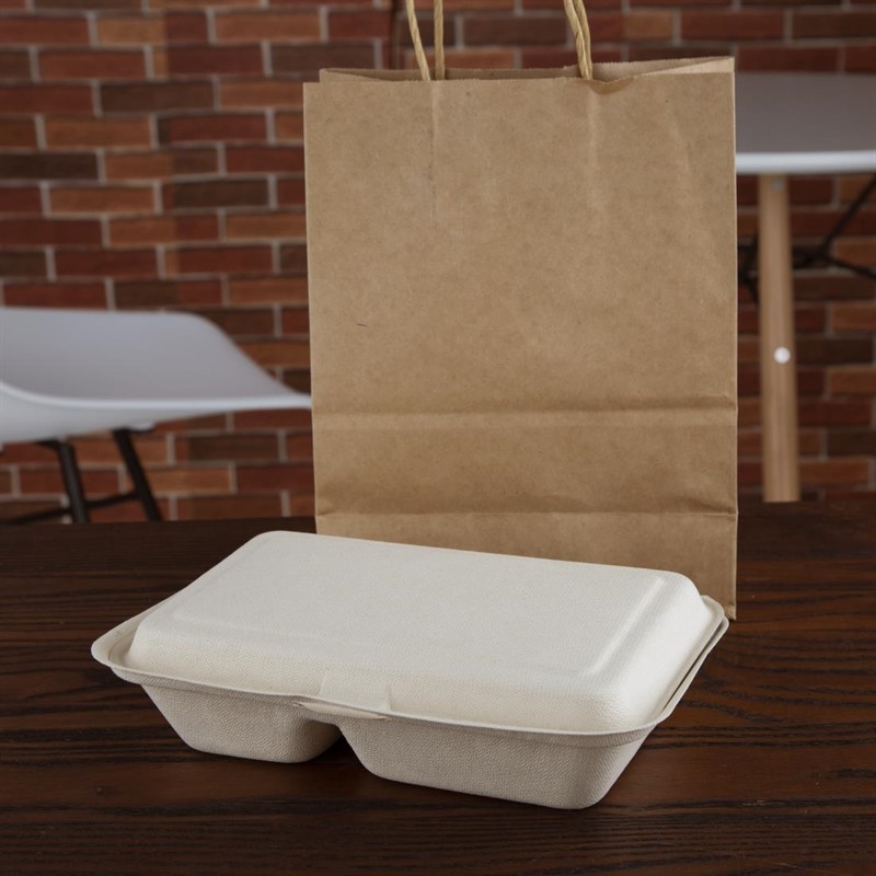  Fiesta Bo&icirc;tes 2 compartiments avec couvercle &agrave; charni&egrave;re compostables en bagasse coloris naturel Green 253mm (lot de 200) 
