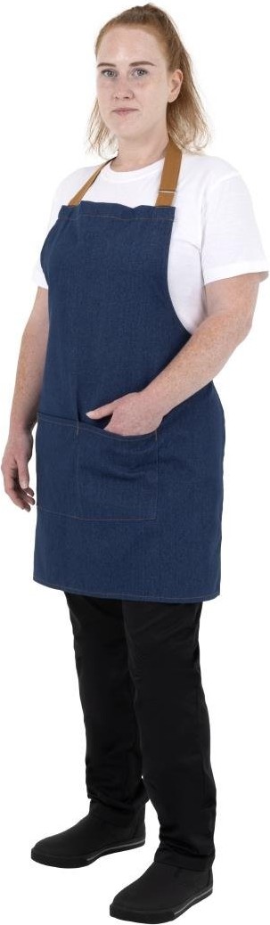  Southside Tablier court en denim bleu avec attaches marron clair 