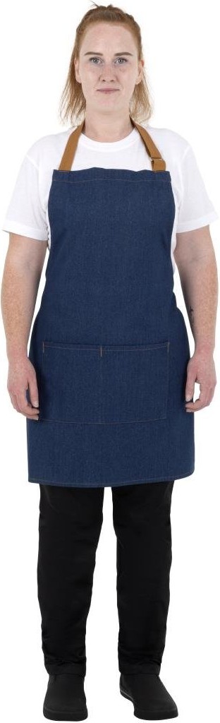  Southside Tablier court en denim bleu avec attaches marron clair 