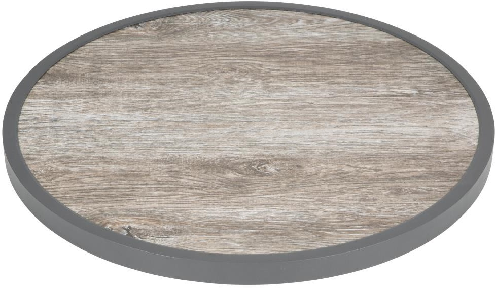  Bolero Plateau de table ext&eacute;rieur rond en verre tremp&eacute; effet grain de bois bord gris 580mm 