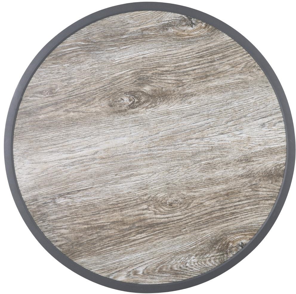  Bolero Plateau de table ext&eacute;rieur rond en verre tremp&eacute; effet grain de bois bord gris 580mm 