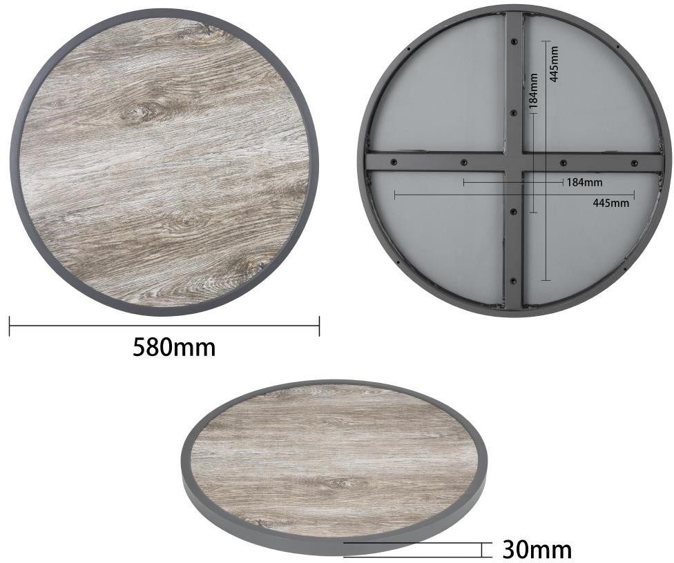  Bolero Plateau de table ext&eacute;rieur rond en verre tremp&eacute; effet grain de bois bord gris 580mm 