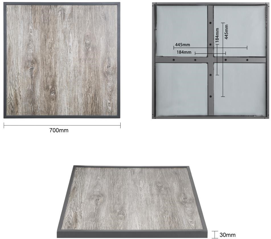  Bolero Plateau de table ext&eacute;rieur carr&eacute; en verre tremp&eacute; effet grain de bois bord gris 700 mm 