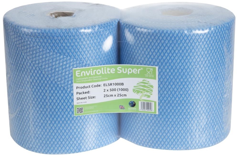  EcoTech Rouleaux de chiffons de nettoyage antibact&eacute;riens Envirolite Super bleus (lot de 2 x 500) 