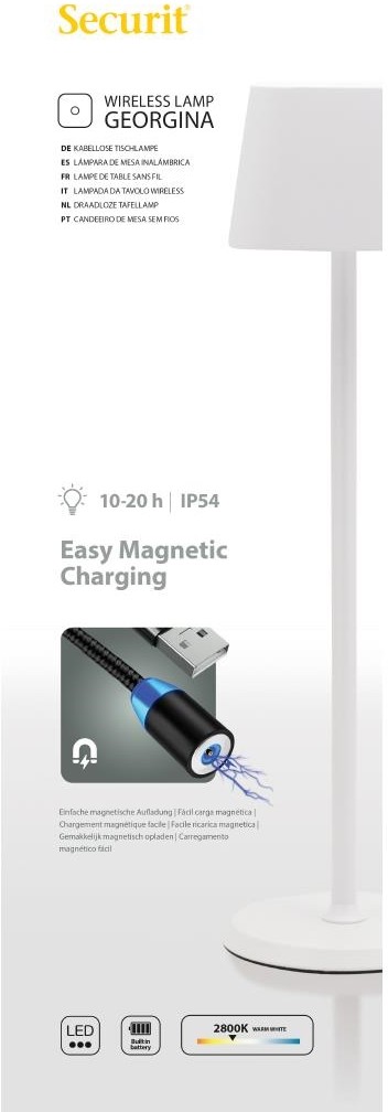  Securit Lampe de table LED sans fil blanche &agrave; intensit&eacute; variable Georgina avec c&acirc;ble de chargement magn&eacute;tique 